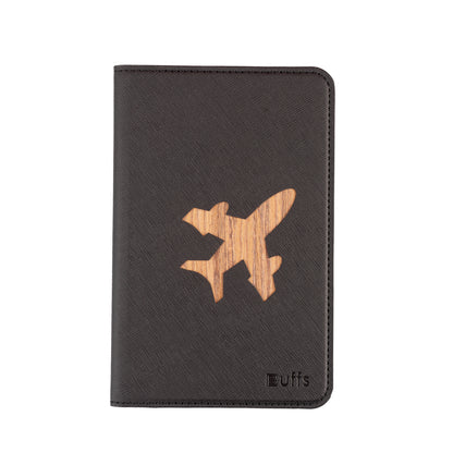 Buffs RFID Passport Holder Premium Vegan Leather Travel Case with Wooden Finish Cutouts