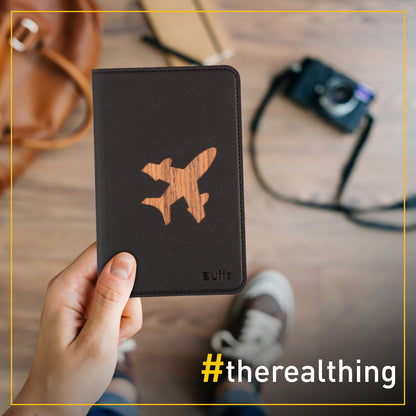 Buffs RFID Passport Holder Premium Vegan Leather Travel Case with Wooden Finish Cutouts